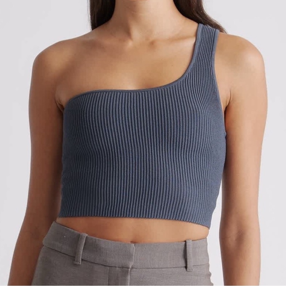 Quince One-Shoulder Ribbed Crop Top Slate Gray M
